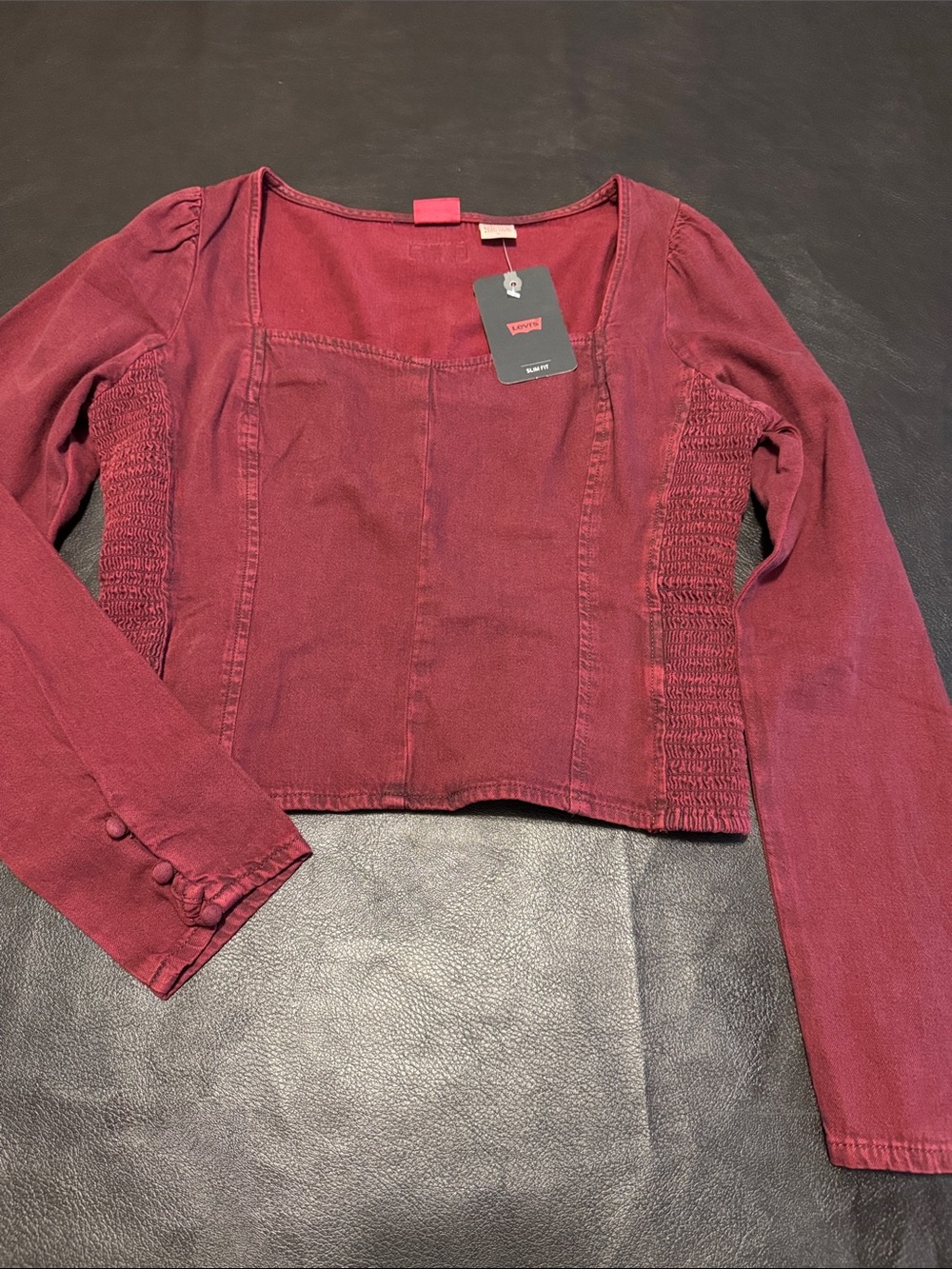 Levi's Women's Maroon Slim Fit Smocked-Side Long Sleeve Top